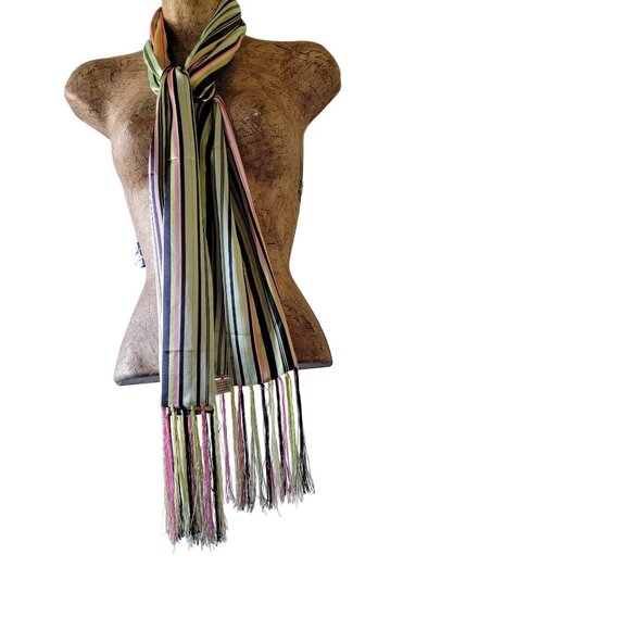 Striped 100% Silk Scarf With Fringe By Talbots Multicolor Stripes - Picture 2 of 11